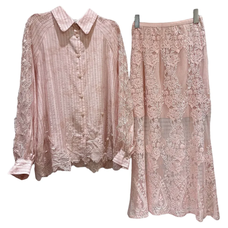 

Ele Lace Sve irt And Tulle Long Skirt Set Women's Faion Autumn 2025 Sweet Sle Long Sve Collar Two-P...