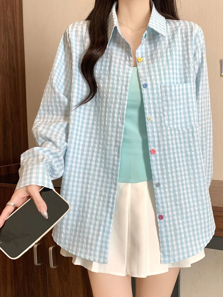 

Винтажная женская клетчатая рубашка с длинным рукавом, милая свободная милая корейская блузка, повседневная простая ретро-цвета, пуговицы, женские осенние топы Camisa