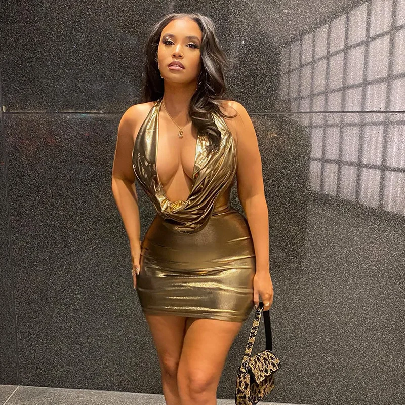 DSMTRC Mini abito da festa sexy con scollo all'americana in oro solido per le donne Abiti estivi con colletto oscillante Abiti aderenti Hot Girls Midnight Club Vestidos