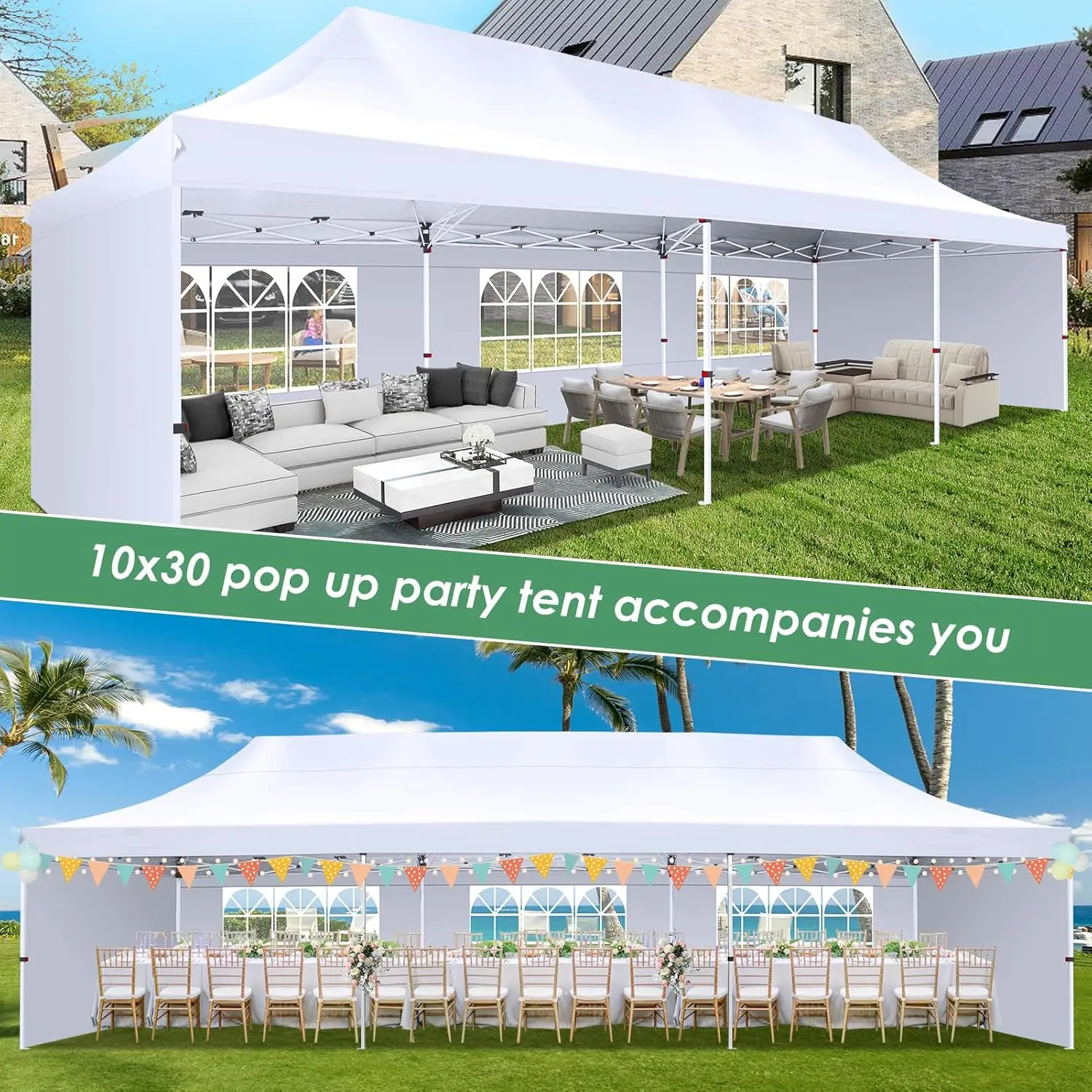 TOOLUCK Canopy Tent 10x30 Pop Up Canopy with 5 Sidewalls Party Tents for Parties Wedding Patio Commercial Waterproof and UV50