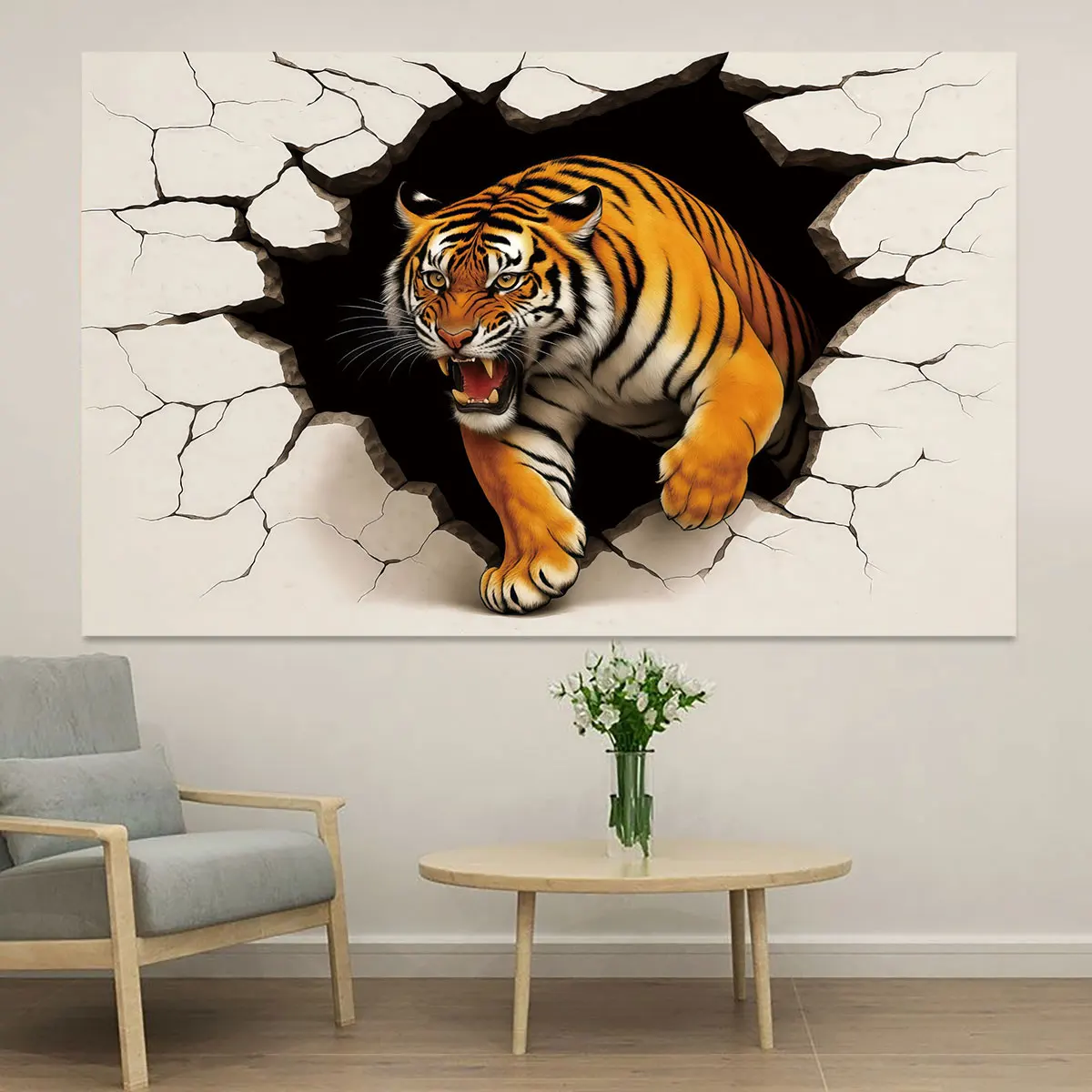 1 autocollant mural réaliste en PVC 2D effet tigre cassé, simulation de papier peint pour décoration murale de salon et chambre