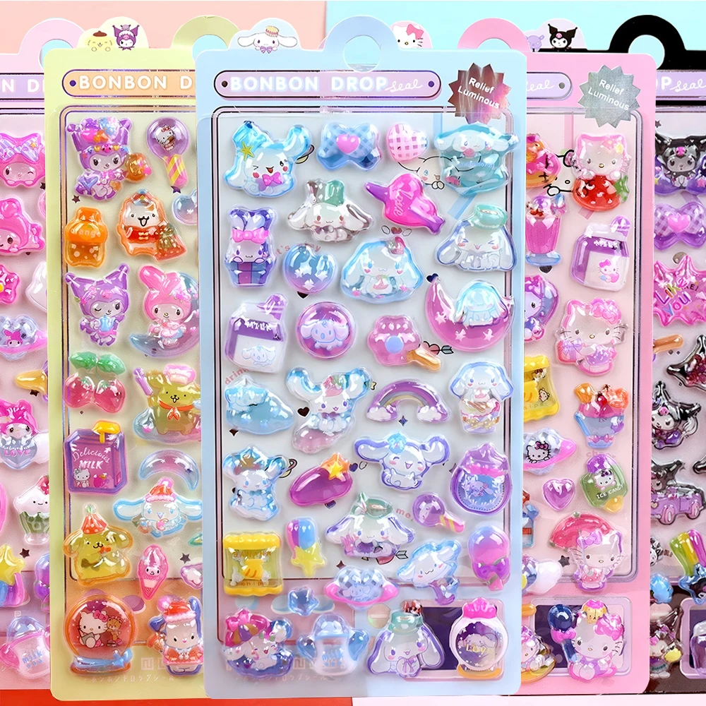 Kawaii светящиеся мультфильмы Sanrio Kuromi My Melody 3D рельефные наклейки игрушки милые аниме украшения пузырьковые наклейки оптом