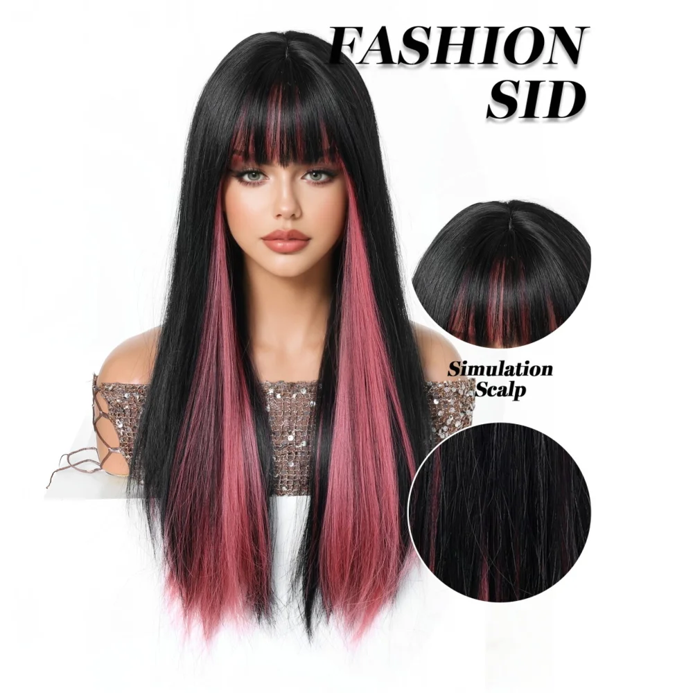 Easihair Black with Red Pink Highlight Long Straight Wig With Bangs Heat Resistant Synthetic Hair Gothic Halloween Cosplay Wigs - view 3