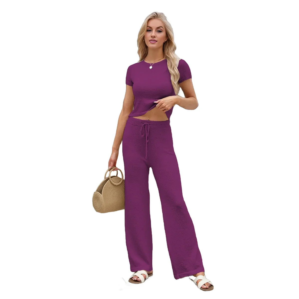 

Womens Summer 2 Piece Outfits Color Block Short Sleeve Tops Tracksuit Slim Fit Pants Matching Set Lounge Sets 2025 Red S