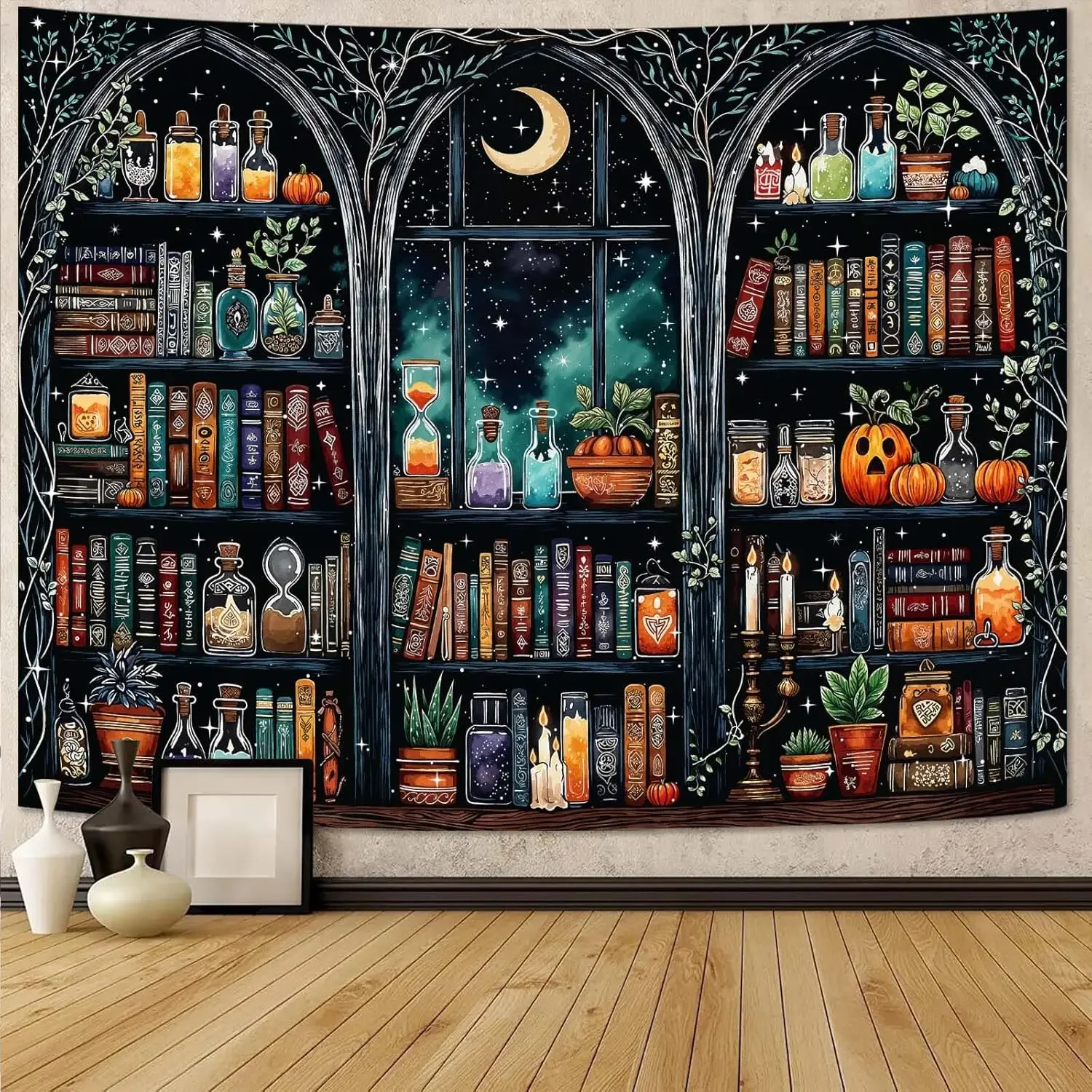 Magic Bookshelf Tapestry Gothic Witchy Potion Dark Academia Wall Tapestry for Bedroom Aesthetic Hippie Moon Pumpkin Library