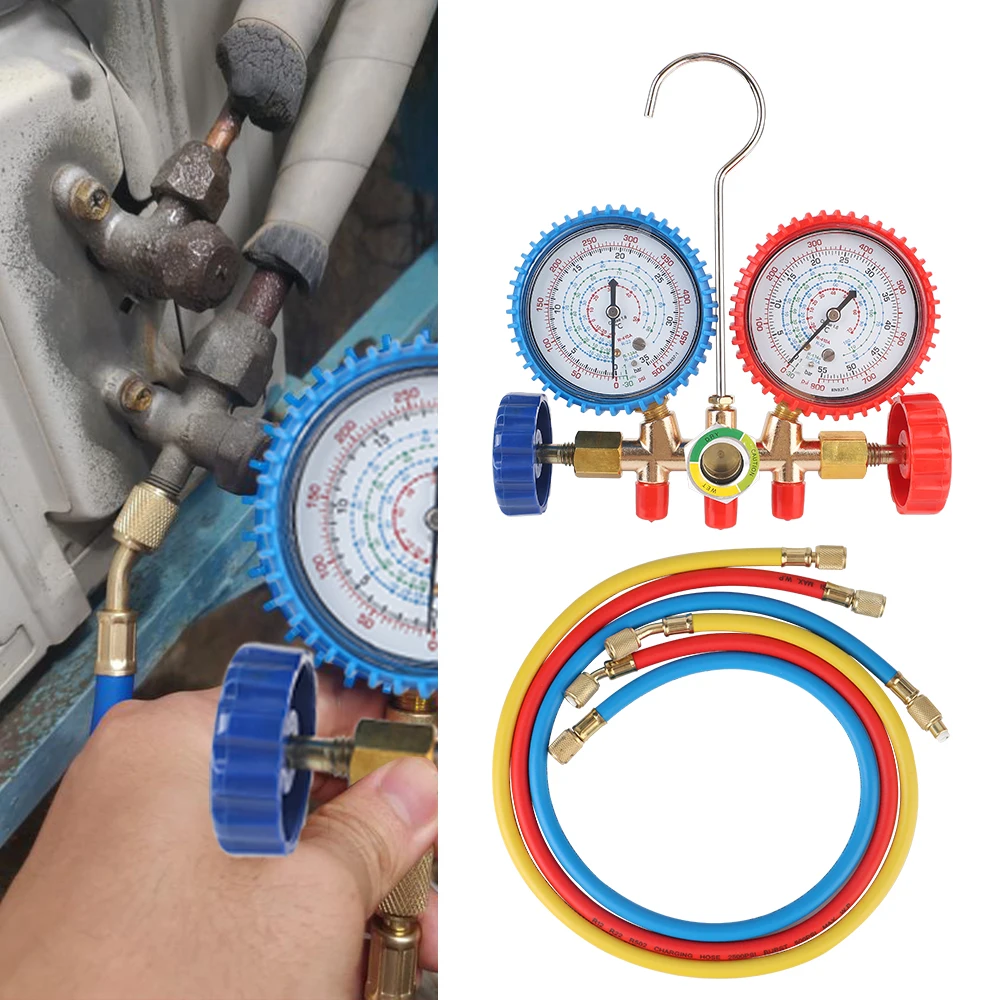 Freon R314A R22 Air Conditioning Recharge Hose Refrigerant Dual Gauge Valve Tool Set Measuring Gauge Car Air Conditioner Tools