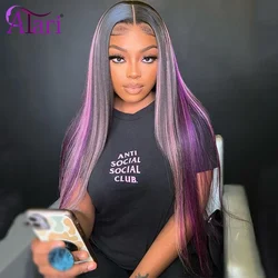 Purple Highlights 5x5 Lace Closure Human Hair Wigs Transparent 13x4 13x6 P1B Light Pink Lace Frontal Straight Wig Pre Plucked