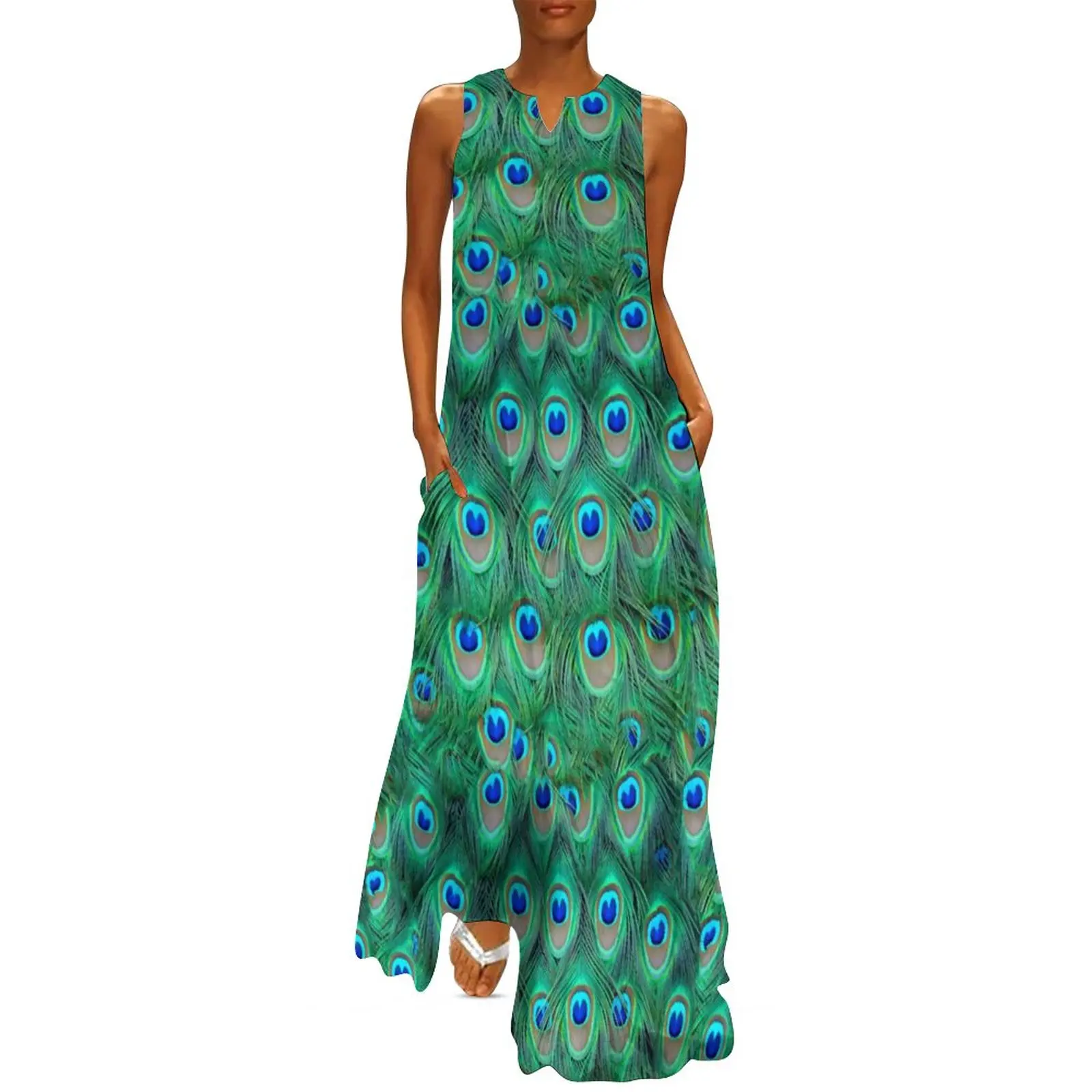 Fancy Peacock Feathers Dress Summer Cute Animal Print Street Style Casual Long Dresses Womens Vintage Maxi Dress Gift