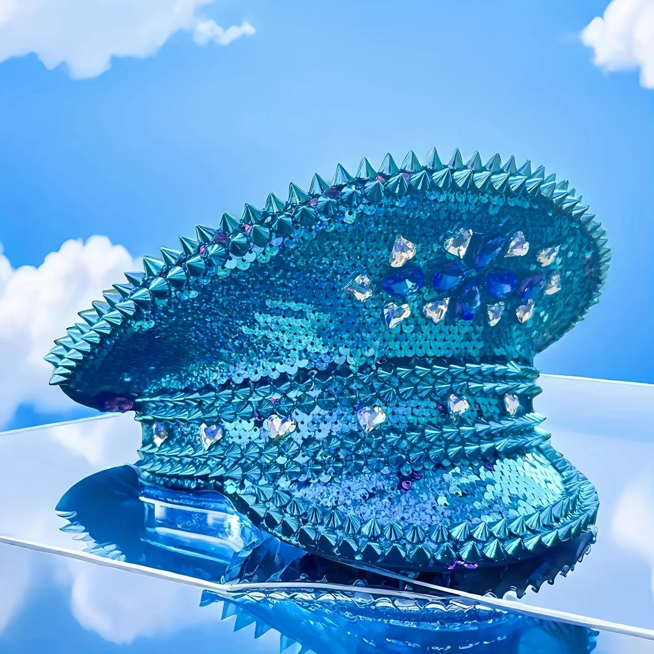 HongLuan Yellow Laser Leather Loop Captain Hat Rhinestone & Military Caps for Woman, Rave Festivals Accessories ＆ Party Cap Man