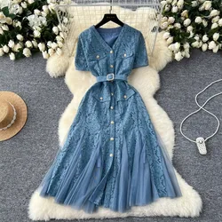 French v neck mesh PATCHWORK lace ruffle dress women's summer waist Single Breasted sweet dresses