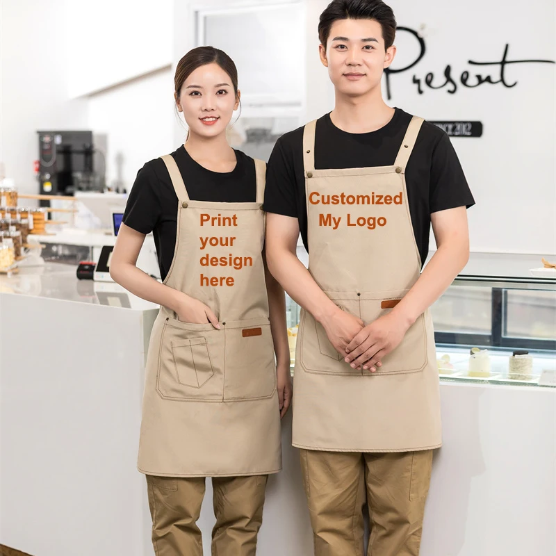 Custom LOGO Canvas Kitchen Apron For Woman Men Chef Work Apron Grill Restaurant Bar Shop Cafes Beauty Nails Studios Uniform