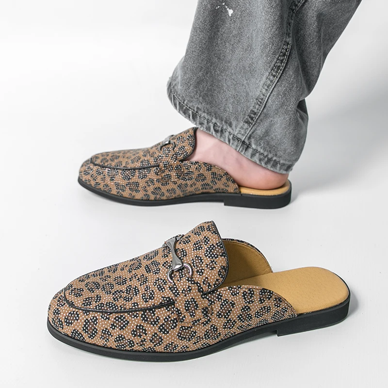 Leopard Pattern Mules for Men  Half Shoes Large Size Slide Sandals Slip On Flat Sneakers Open Back Casual Shoes Loafers Slippers
