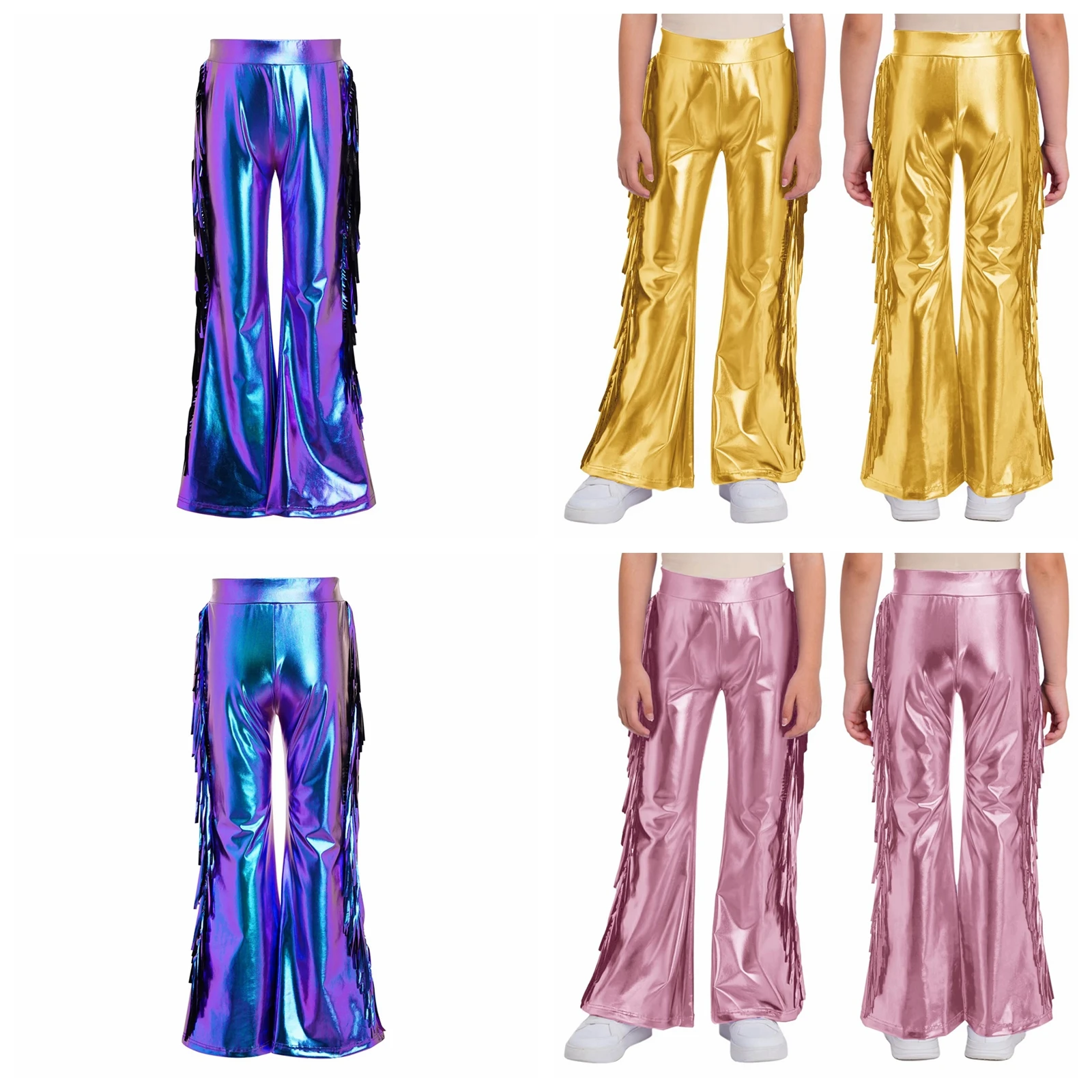 

Детские металлизированные брюки-клеш с бахромой для девочек, для вечеринок, уличных и диско-танцев, костюм для джазовых танцев