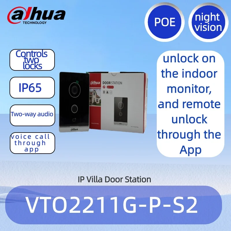 Dahua VTO2211G-P-S2 IP Villa-deurstation, 2 MP video-intercom, APP-afstandsbediening/kaartontgrendeling (10000 kaarten), tweewegaudio, PoE