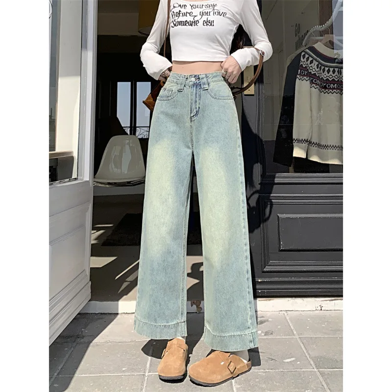 

Женские джинсы 2026 года, весенняя новинка, моющиеся, свободные, прямые, широкие, в корейском стиле, стильные, стройнящие, с высокой талией, светло-голубые