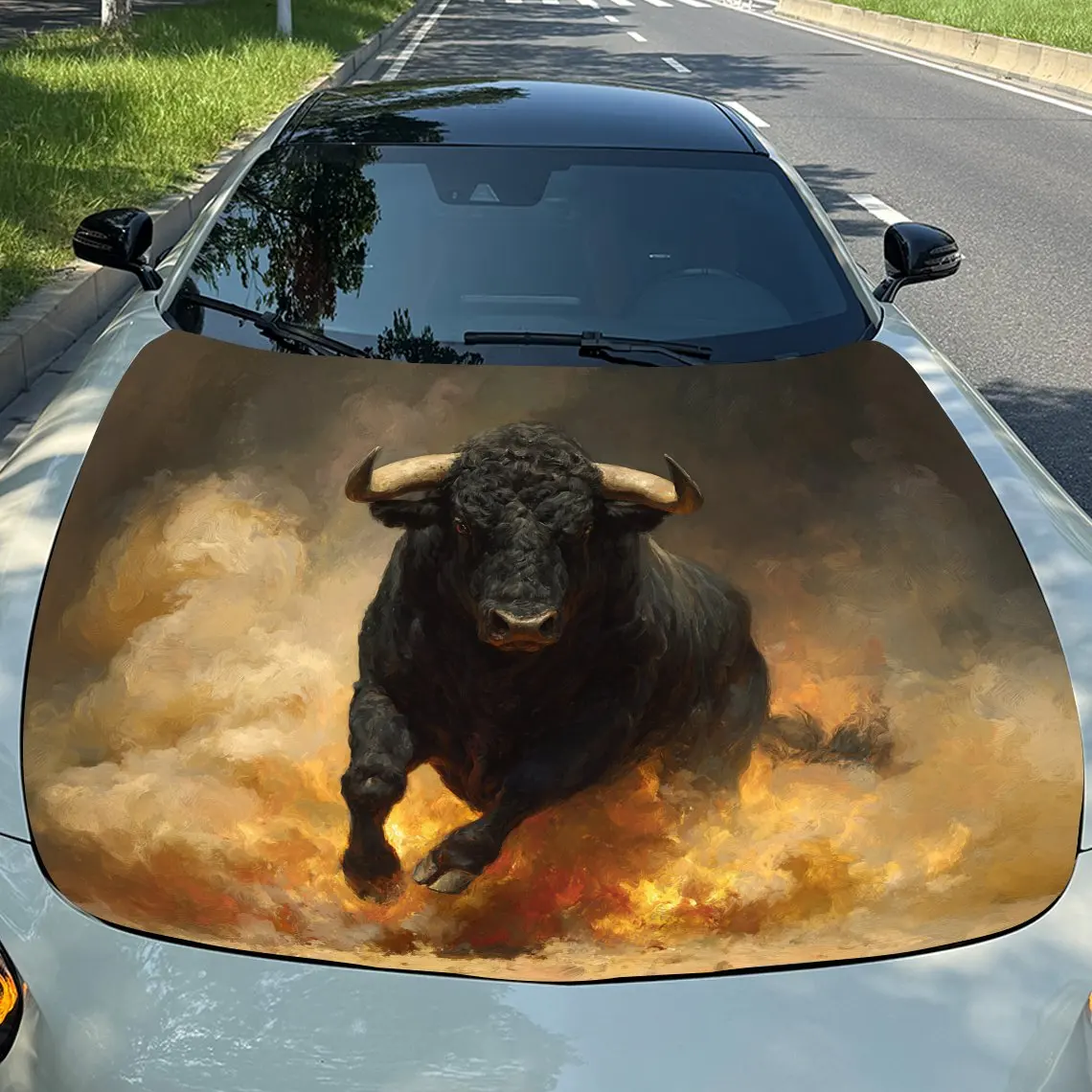 

Flame Bull Design Car Hood Wrap Colorful Vinyl Waterproof Sticker For Trucks, Decorative Bonnet Graphics And Auto Accessories Hi