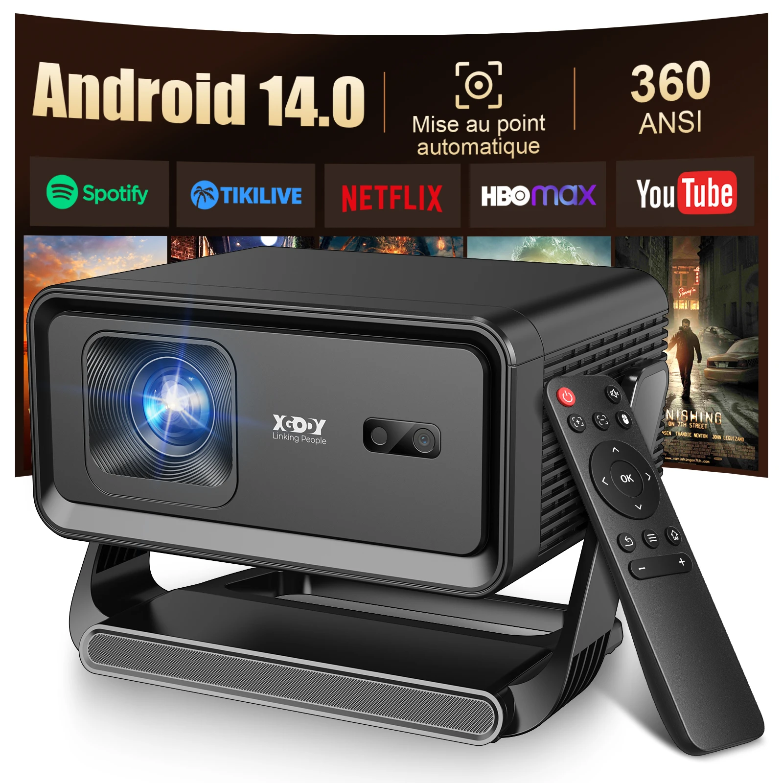 Projecteur XGODY 8K/4K avec autofocus, Android 14, projecteurs 4K, 360 ANSI, 720P natif, 1+16 Go, Wifi6, BT5.4, Allwinner H726, portable, extérieur