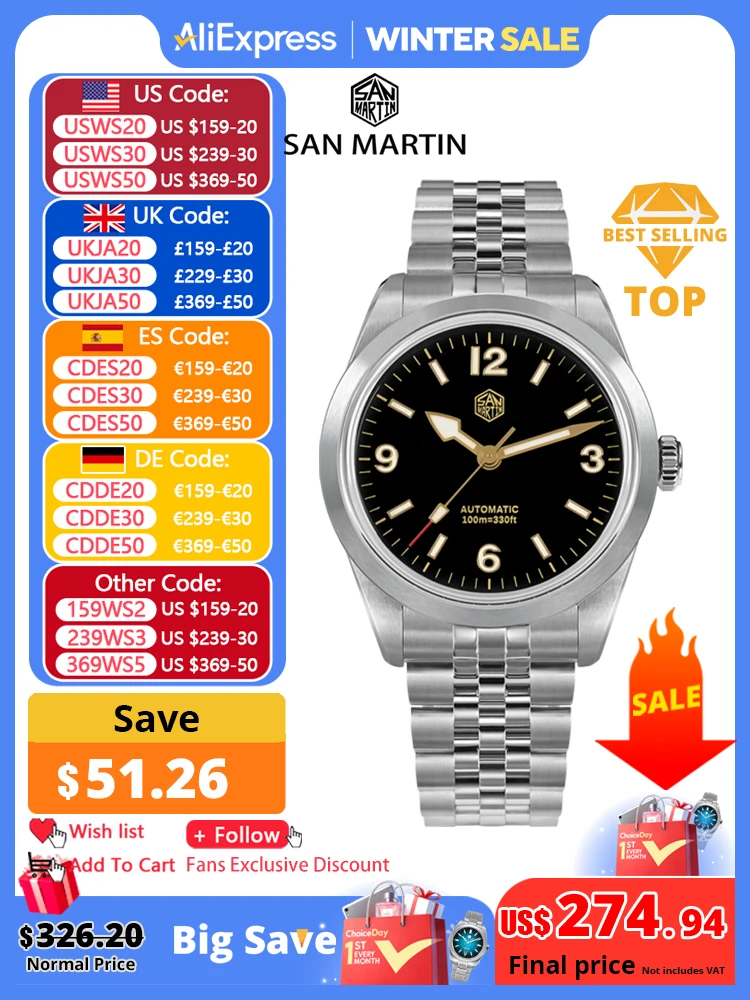 San Martin 38 mm Herren-Sportuhr, modisch, luxuriös, erkunden Klettern, automatisch, mechanisch, Saphirglas, wasserdicht, 5 Glieder, Armband BGW-9