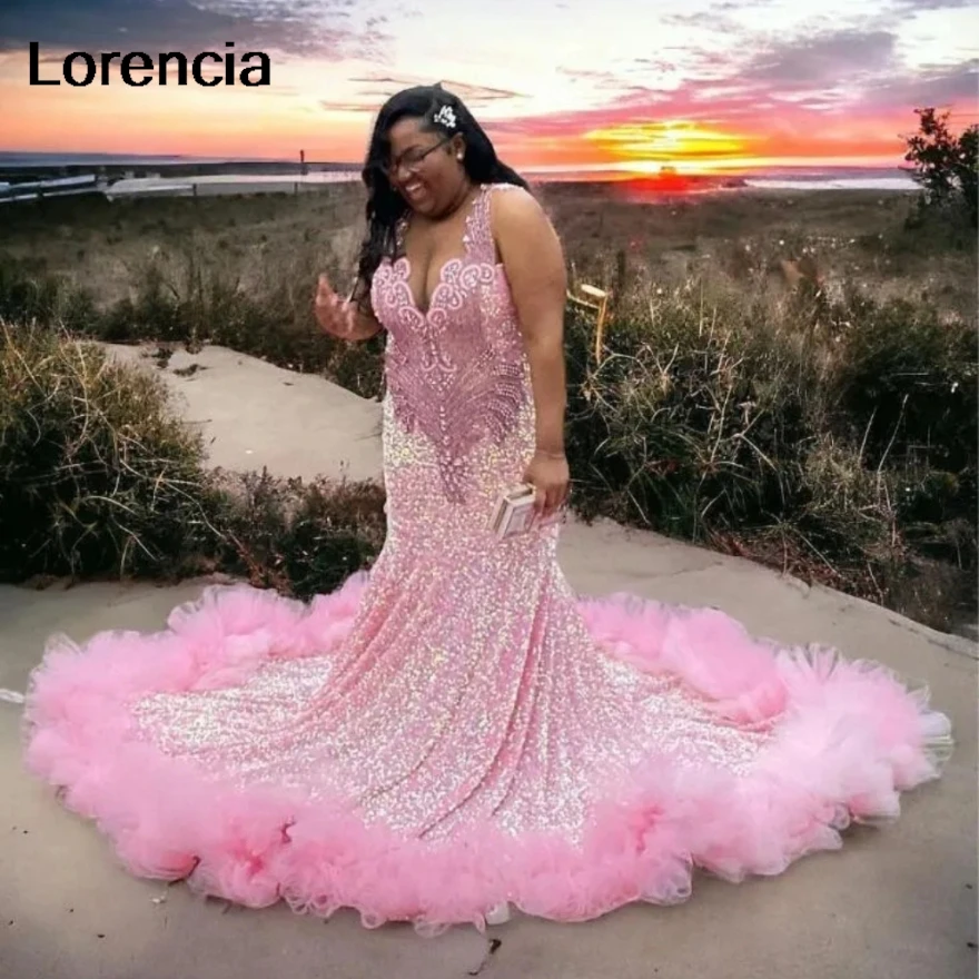 Customized Pink Mermaid Long Evening Birthday Gala Dress for Black Girl Plus Size Glitter Diamond Velvet Prom Gown YPD201