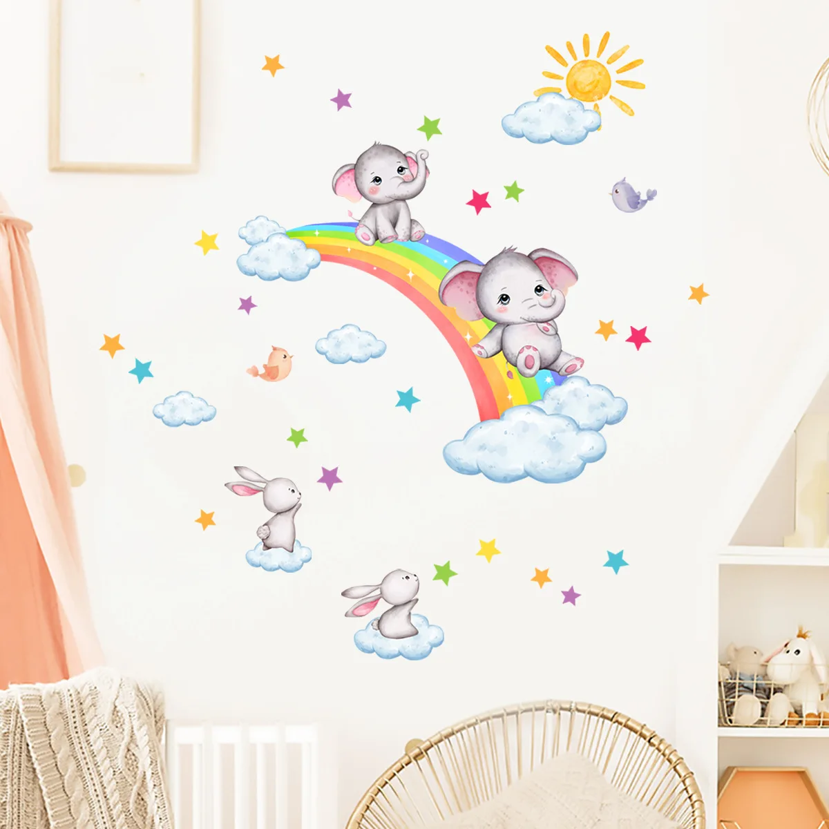 Cartoon Rainbow Elephant Koala Rabbit Clouds Wall Sticker Baby Nursery Kids Room Animal Sky Star Wall Decal Bedroom Decor