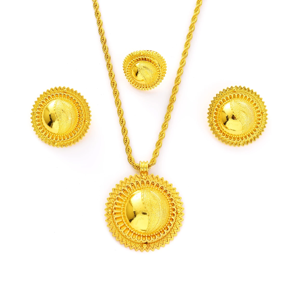 Gold Color Ethiopian Jewelry Sets Necklace Earrings Ring 3-piece Sets Dubai Wedding Bride Sets African Gifts #TZ052