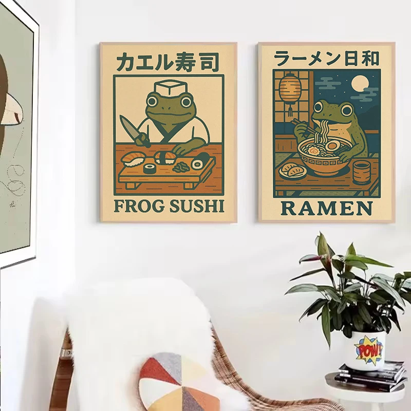 Retro Japanese Funny Frog in A Bathtub Sushi Kitchen Woodblock Animals Poster Canvas Painting Wall Pictures Home Bathroom Decor