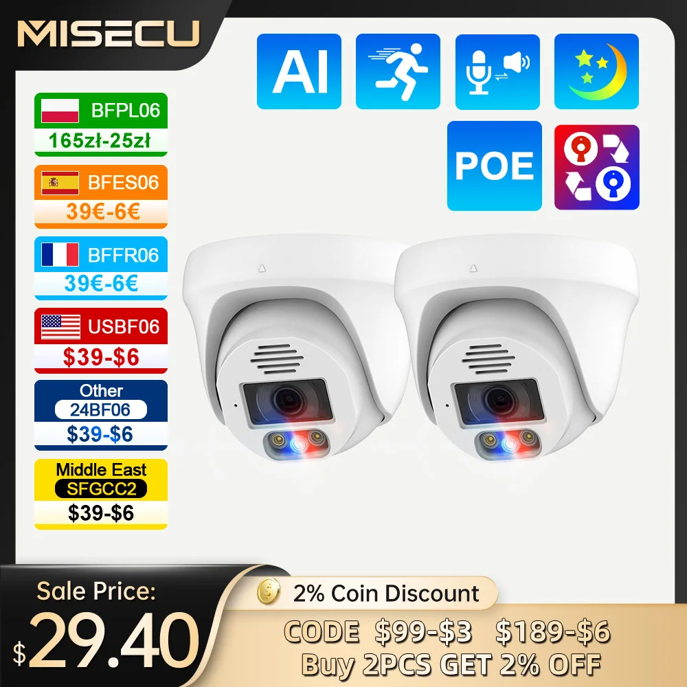 

MISECU 5MP 8MP POE IP Camera Onvif Face Detection Color Night Vision Two Way Audio Security Camera For Surveillance System