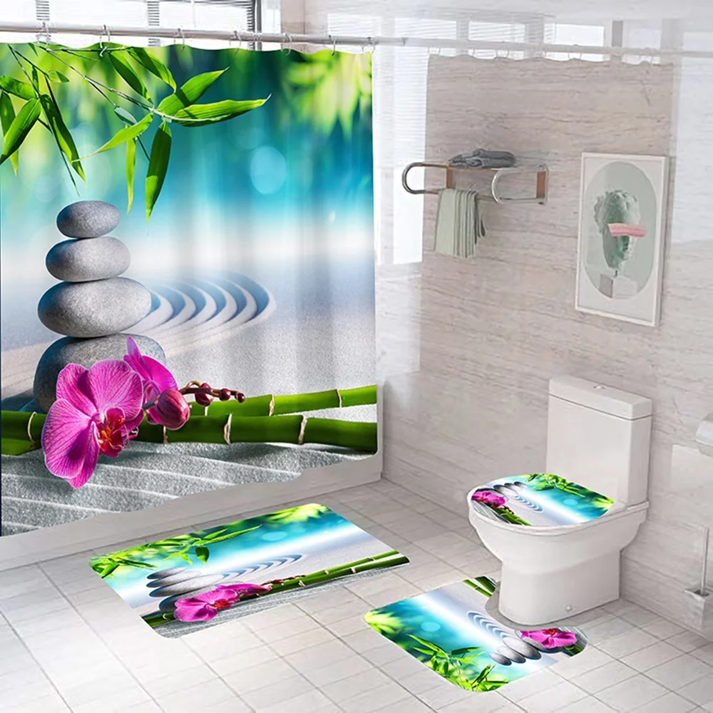 Zen Green Bamboo Buddha Shower Curtain Set Non-Slip Rug Toilet Lid Cover Bath Mat Stone Flowers Garden Scenery Bathroom Curtains