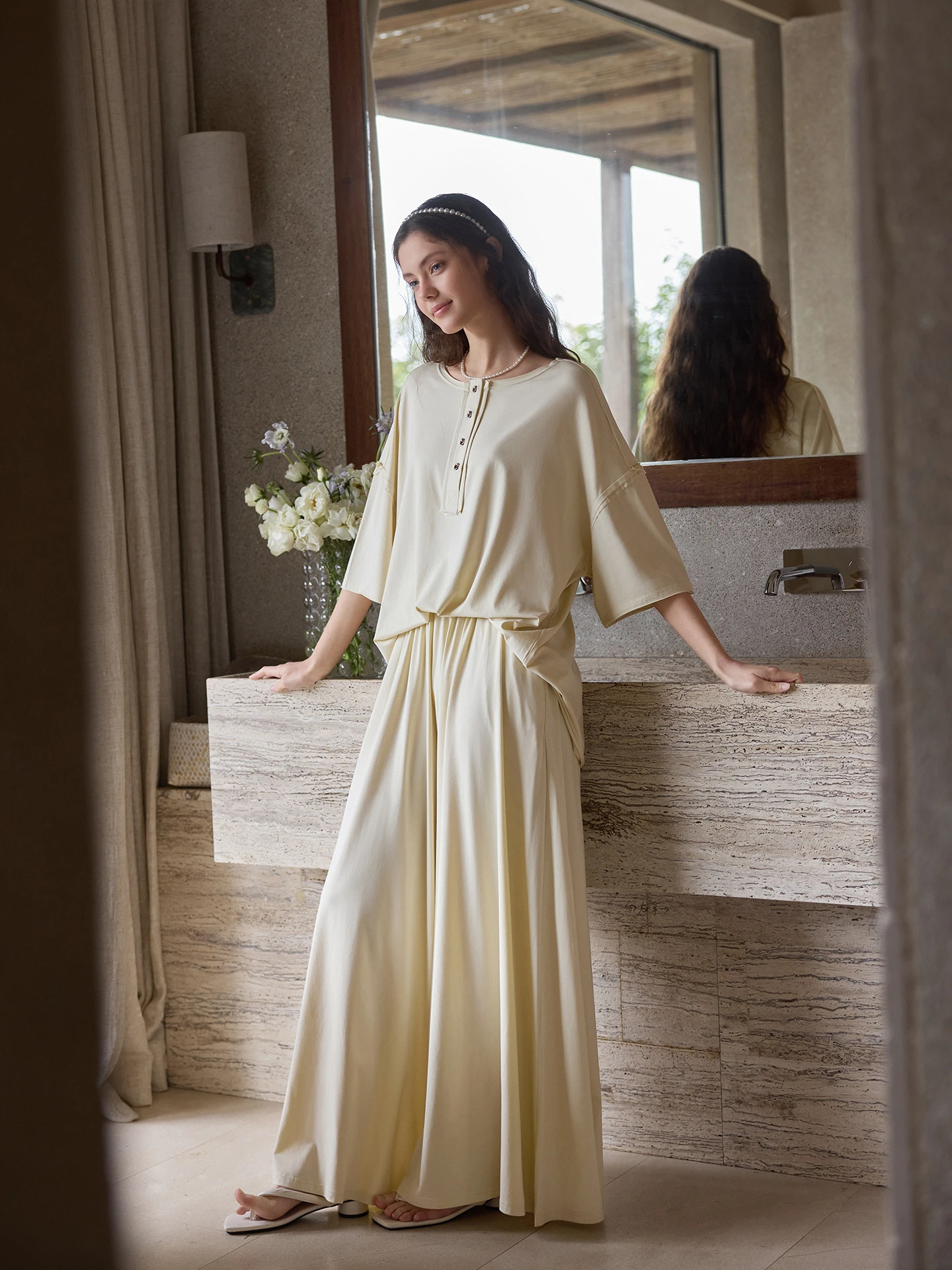 meiteng-relaxing-aesthetic-women's-modal-cotton-loose-summer-pajama-set-home-clothes-short-sleeve-wide-leg-pants-two-piece-set