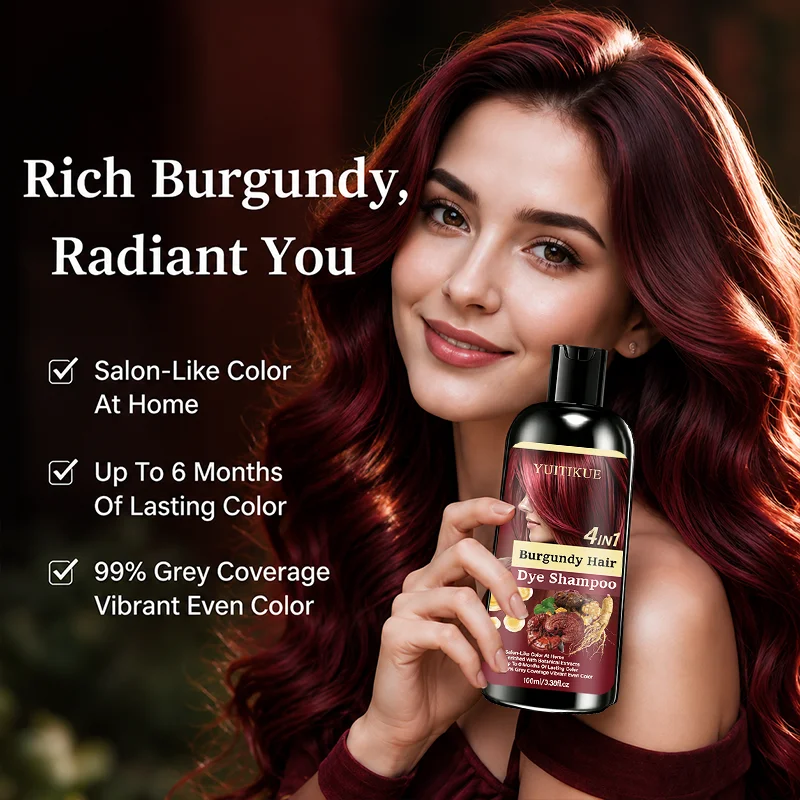 Burgundy 4 IN 1 Hair Dye Shampoo 100ml Botanical Extract 99% Grey Coverage Long Lasting Vibrant Home Salon Hair Color Shampoo