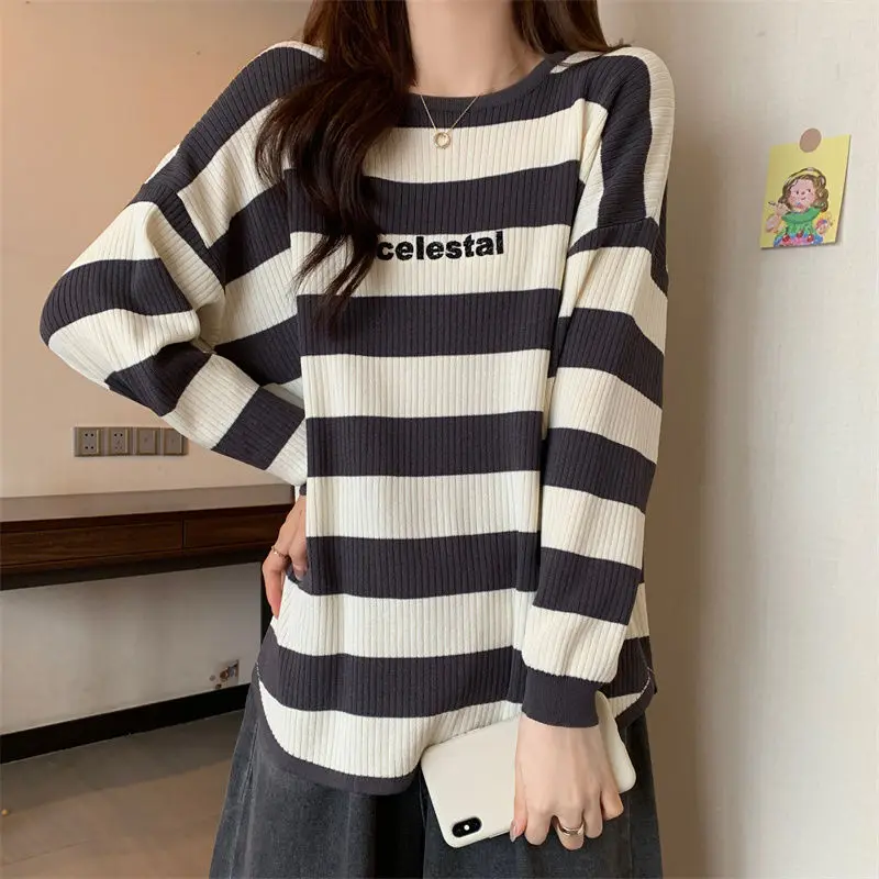 2023 New Autumn Fashion Simple Stripe Knitted Long Sleeve Temperament Casual Loose Covering Belly Reduced Age Women's Sweater