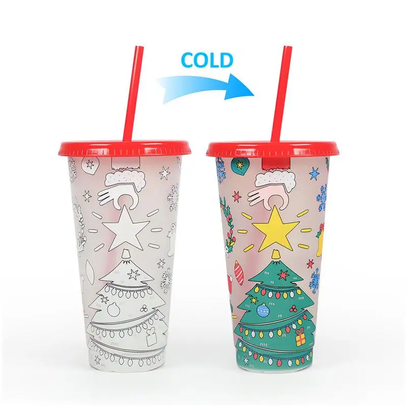 24oz New Single-layer Plastic Color Changing Christmas Cup Straw Cup Cold Tumbler With Lids Party Drinks Coffee Mugs