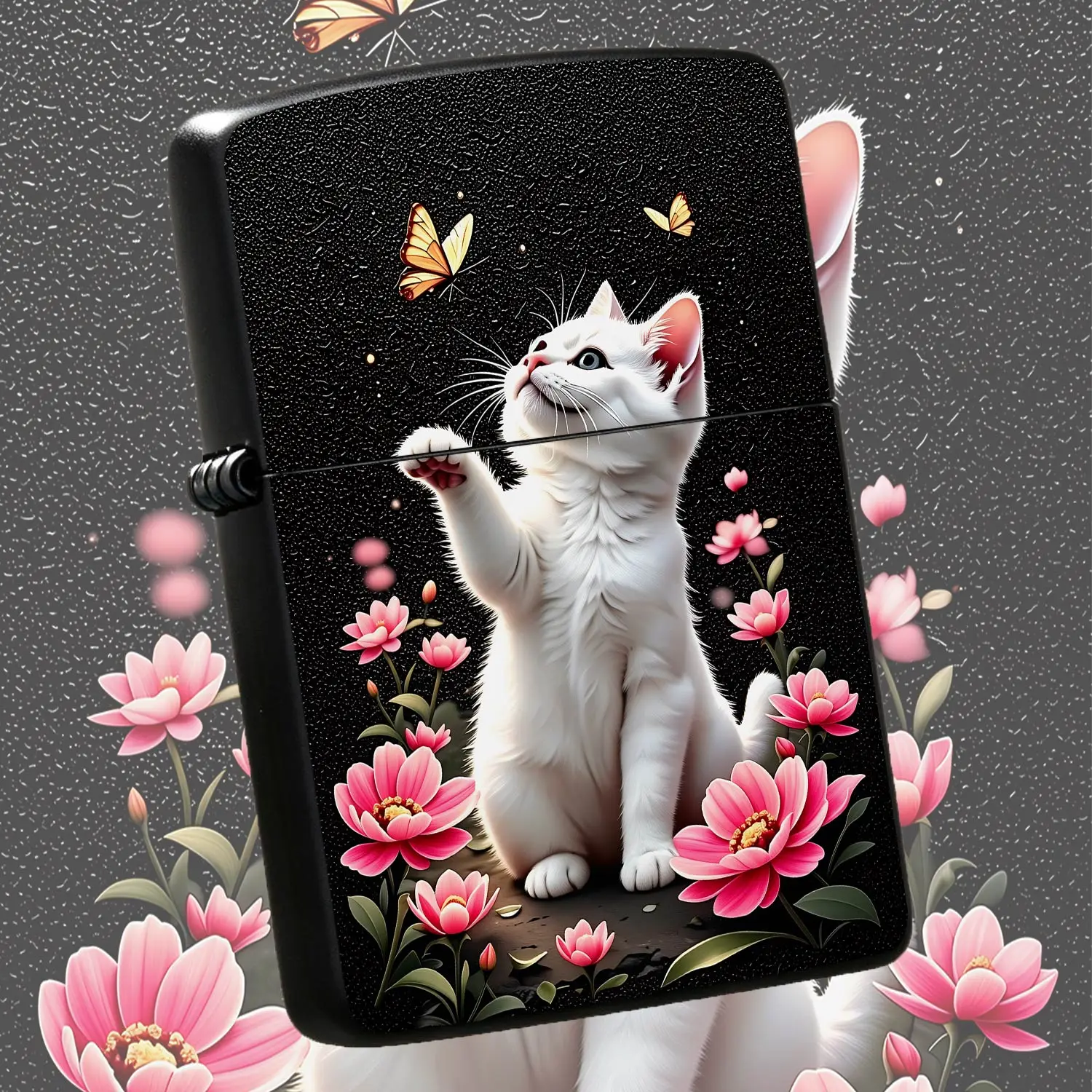 Exquisite Portable Lighter with Cute White Kitten ChasingPattern, Dreamy Pink Floral Starry Background Decorative Art, Ideal for Daily Use Outdoor Gathering, Delicate Present for Friends Family on Various Occasions A Humorous And Interestin