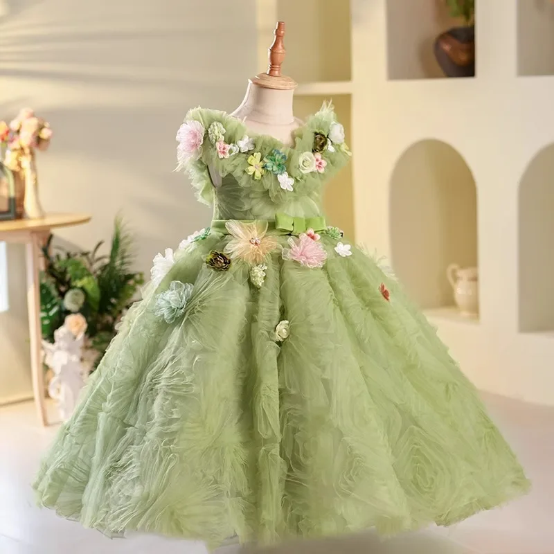 Girls Embroidered Flower Princess Dress 2024 Fashion Luxury Elf Fairy Green Long Dress Carnival Birthday Evening Dress