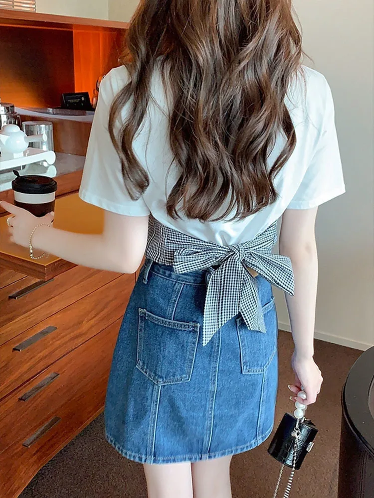 Korean style niche design checkered short sleeved T-shirt for women's summer wear 2025 new slim fit and versatile trendy top