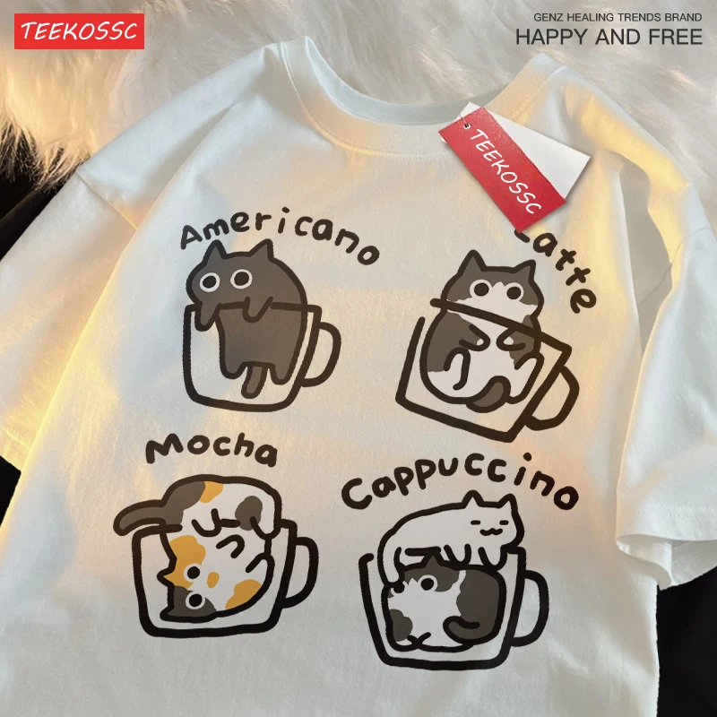 Cat Coffee Pure Cotton Trendy Summer Loose Short Sleeved T-shirt Women Original Mocha Latte Cat Three Flowers Fun Cat Tees