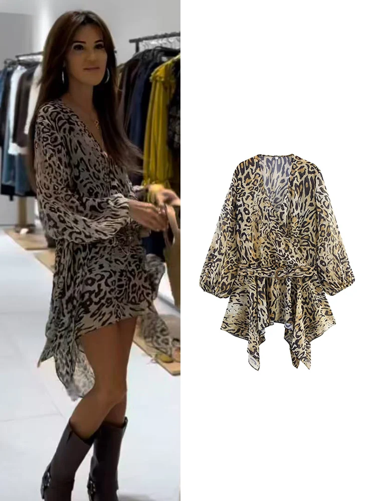 

Women Asymmetrical Slim Fit Blouse With Belt Vintage Elegant Long Sleeve V-neck Chic Sexy Thin Top Autumn Printed Women Clothing