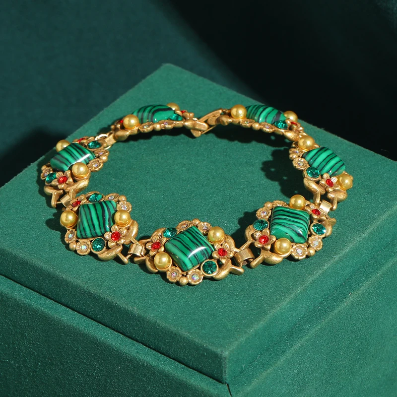 

Vintage Malachite Natural Stone Woman Bracelets Luxury Rhinestone Square Gold Plated Jewelry Trends 2026 Accessories Party Gift