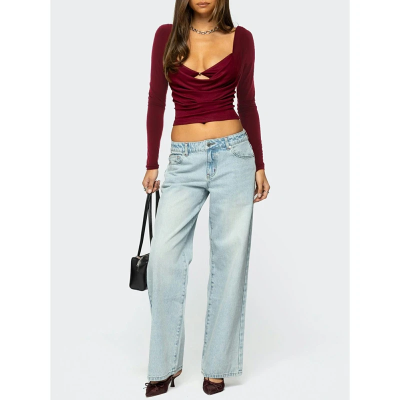 

Combhasaki Women Spring Fall Fake-two-Pieces Slim T-Shirt Solid Color Bust Cutout Long Sleeve Square Neck Crop Tops Streetwear