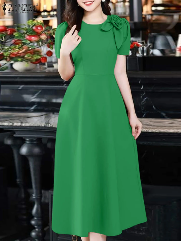 ZANZEA Elegante Damen-Partykleider 20225, modische Stoffblume, kurze Ärmel, O-Ausschnitt, A-Linie, Midi-Roben, Sommer, taillierte Taille, Kleid