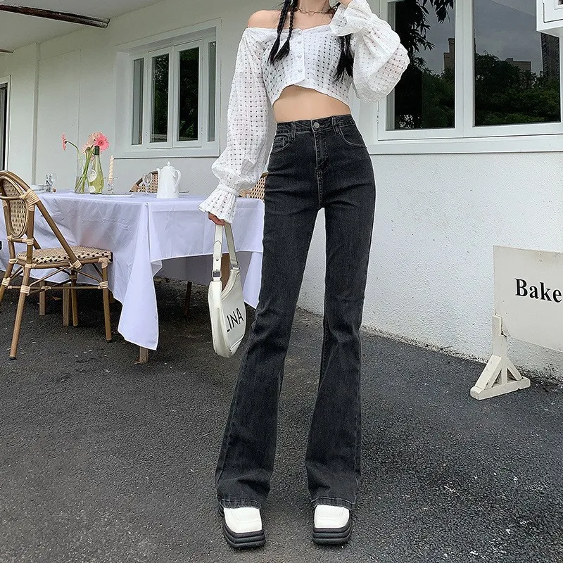 Schwarze Jeans Frauen Retro Mode hohe Taille hundert enge Passform High Stretch Micro Flare lange Jeans Streetwear y2k Jeans hose