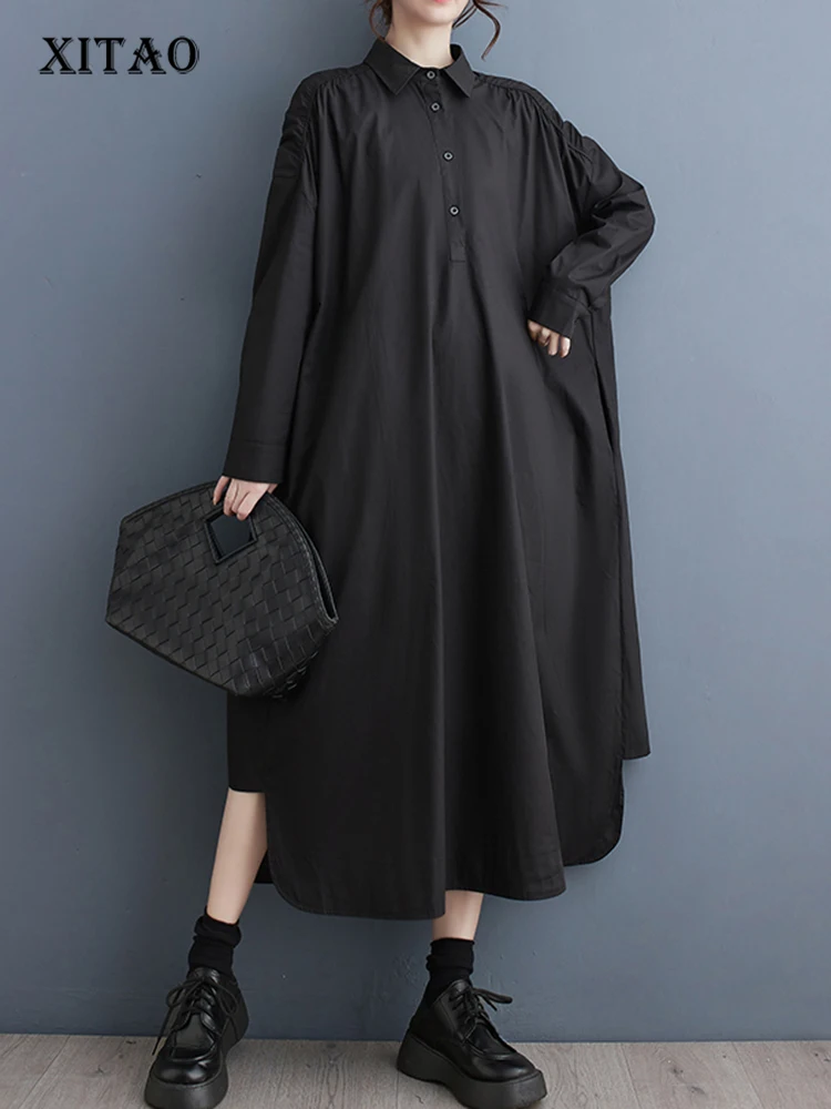 XITAO Casual Shirt Dress Hollow Out Folds Long Sleeve Dress Loose Fashion Simplicity Solid Color Turn-down Collar Women ZY8653