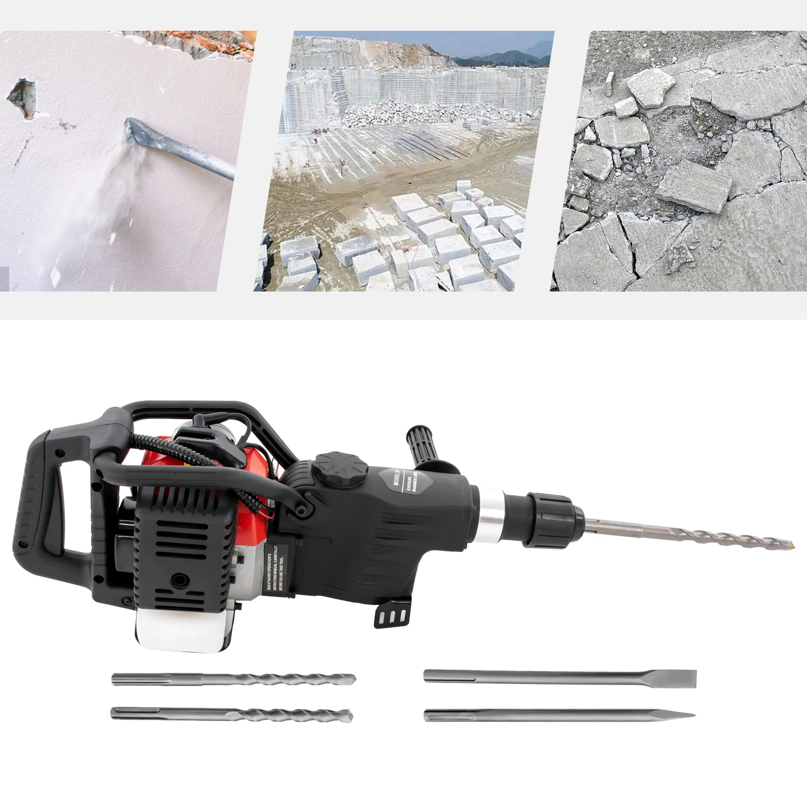 Gasoline Demolition Hammer, 30J Powerful 33CC Demolition Hammer with 3 Drill Bits/1 Pointed Chisel/1 Flat Chisel, 2 Stroke