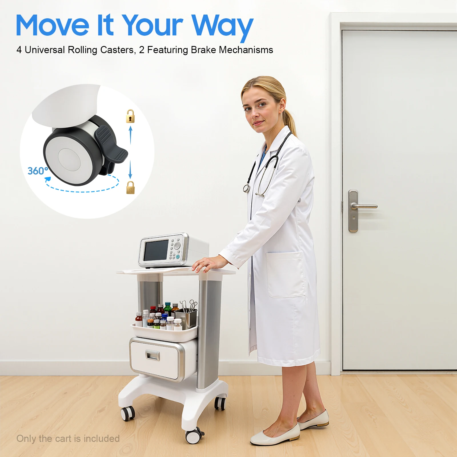 Salon Cart Medical Trolley 220Lbs Capacity ABS Rolling Tool Stand 4 Universal Wheels Mobile Cart with Drawer & 2 Trays for Hospital Beauty Salon Clinic - view 8