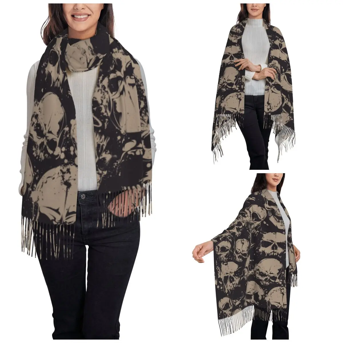 Women\'s Scarf with Tassel Cool Skull Long Winter Warm Shawl and Wrap Halloween Cartoon Daily Wear Pashmina Scarves