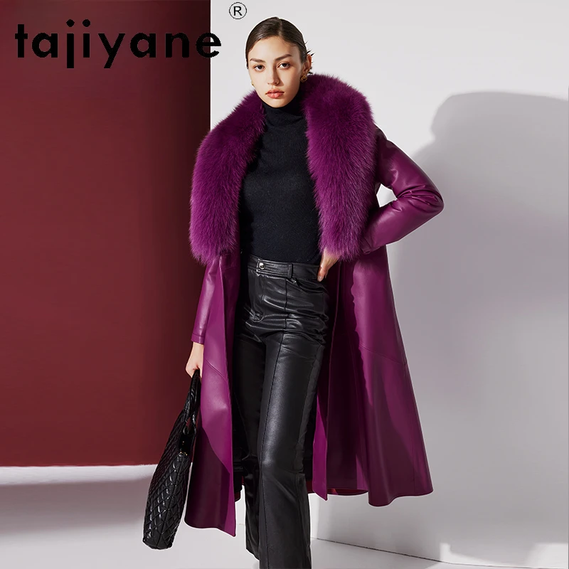 Tajiyane-Veste en cuir de mouton véritable pour femme, haut chaud, long, blanc, combinaison en duvet d'oie, col en fourrure de renard de luxe, parkas violettes, hiver