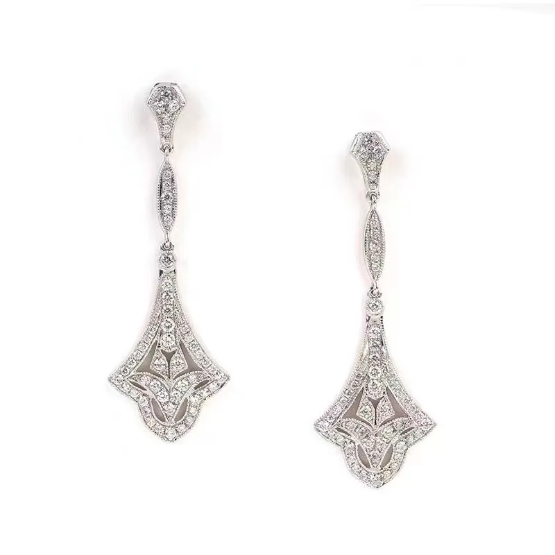 

1920s Vintage Great Gatsby Earring Art Deco Platinum Full Diamond Ear Dangle Drop Tassel Long Earring Retro High Jewelry Replica