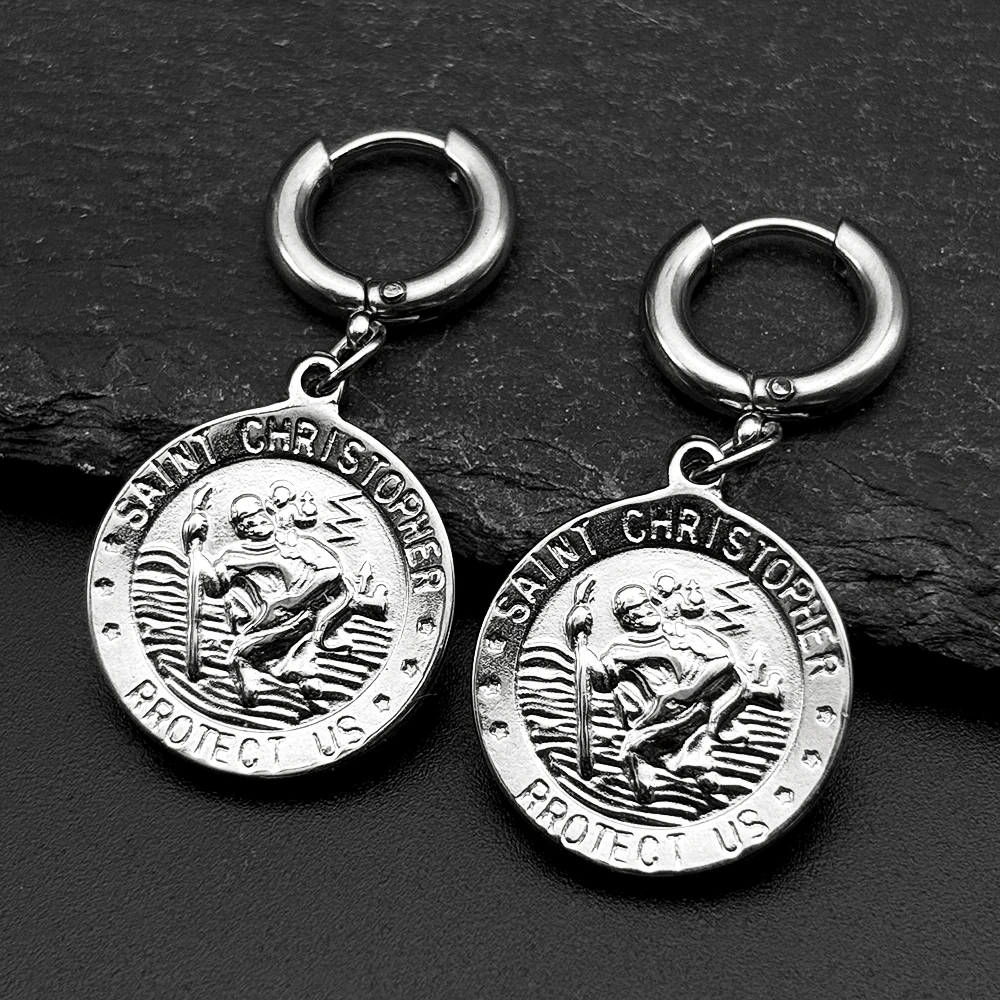 

Saint Christopher Protect Us Hoop Earrings for Women Men Stainless Steel Silver Color Catholic Medal Amulet Drop Earring Jewelry