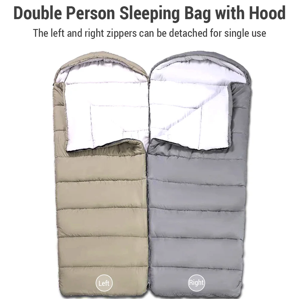 Double Persons Sleeping Bags For Adults 12°C-18°C Cold-Resistant With Hooded Anti-splashing For Camping Split Into Single Use