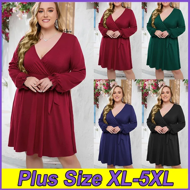 

Ladies Plus Size Dresses Solid Color V-Neck Slim Fit Clothing XL-5XL Gathering Party Dress Comfortable Summer Commuting Attire